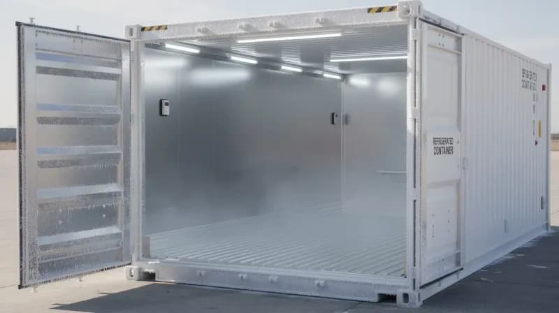 Refrigerated cargo container with stainless steel interior for temperature-controlled storage by Portable Office Cabin – Portable Office Cabin | Bangalore, Chennai, Mumbai & across India Refrigerated cargo container with stainless steel interior for temperature-controlled storage by Portable Office Cabin – available in Bangalore, Chennai, Hyderabad, Mumbai, Pune, Delhi NCR & pan-India