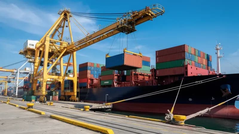 Cargo containers being loaded onto vessel with crane at major Indian port - global containerization standards – Portable Office Cabin | Bangalore, Chennai, Mumbai & across India Cargo containers being loaded onto vessel with crane at major Indian port - global containerization standards