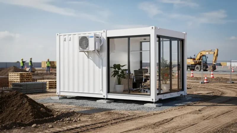Container office at Chennai construction site — turnkey modular workspace by Portable Office Cabin White 20 ft container office with glass facade and split AC at construction site near Sriperumbudur Chennai by Portable Office Cabin