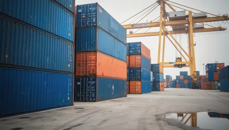 Shipping Container for Sale | Portable Office Cabin – Bangalore, Chennai, Hyderabad, Mumbai & pan-India Shipping containers stacked in a logistics yard for sale in India by Portable Office Cabin