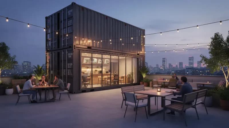 Shipping Container in Kormangala | Portable Office Cabin – Bangalore, Chennai, Hyderabad, Mumbai & pan-India Container café with rooftop seating and string lights in Koramangala Bangalore by Portable Office Cabin