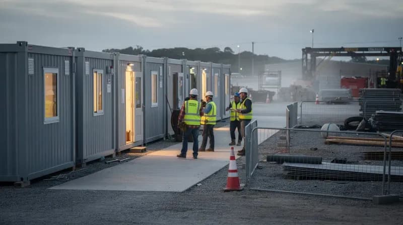 Container site offices at Narsapura KIADB plot — prefabricated modular cabins by Portable Office Cabin Container office cabins with LED lighting at KIADB Narsapura construction site with workers in safety vests by Portable Office Cabin