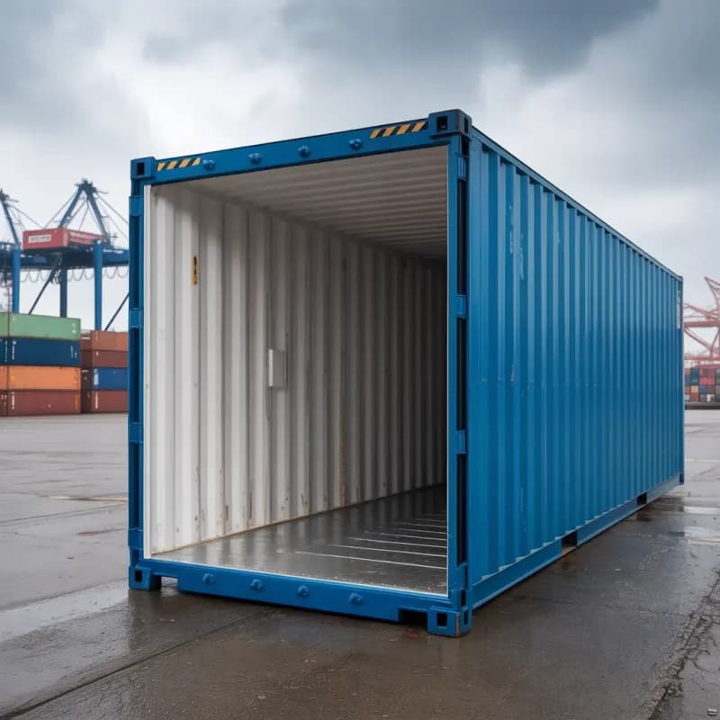 Open shipping container for SIPCOT factory storage — 20 ft unit with plywood floor by Portable Office Cabin 20 ft blue shipping container with doors open showing marine plywood flooring for SIPCOT Irungattukottai factory storage by Portable Office Cabin – available in Bangalore, Chennai, Hyderabad, Mumbai, Pune, Delhi NCR & pan-India