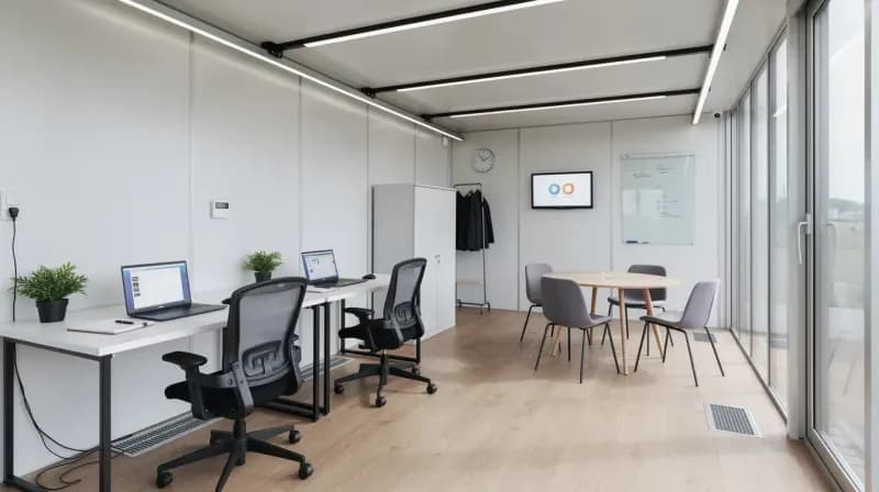 Modern steel portable office container interior fit-out Steel portable office container interior with workstations and meeting area by Portable Office Cabin – available in Bangalore, Chennai, Hyderabad, Mumbai, Pune, Delhi NCR & pan-India