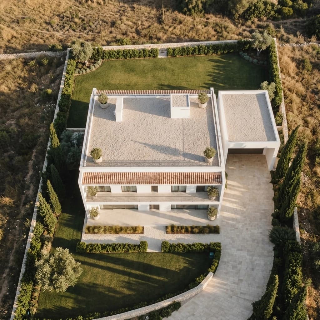 Building contractor in Neeladri Road, Neeladri Nagar — overhead design visualisation of a house on its plot, showing the terrace, the setbacks to the compound wall and the driveway approach