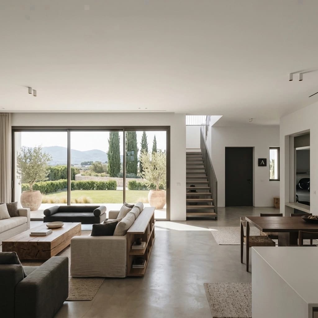 Building contractor in Neeladri Road, Neeladri Nagar — interior design visualisation of an open living and dining space with full-height sliding glazing, a straight-flight staircase and a polished floor
