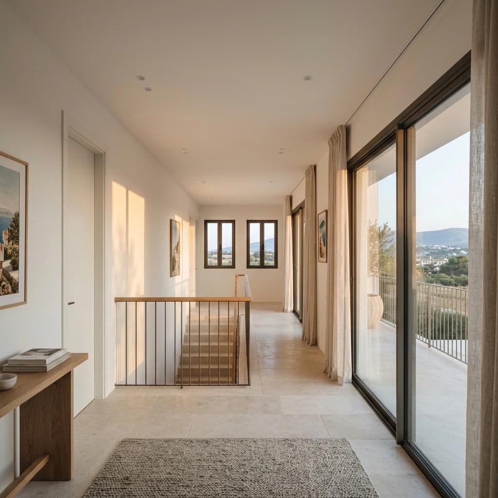 Building contractor in Neeladri Road, Neeladri Nagar — interior design visualisation of a first-floor corridor lit by a glazed wall, with the stair void behind a slim metal balustrade