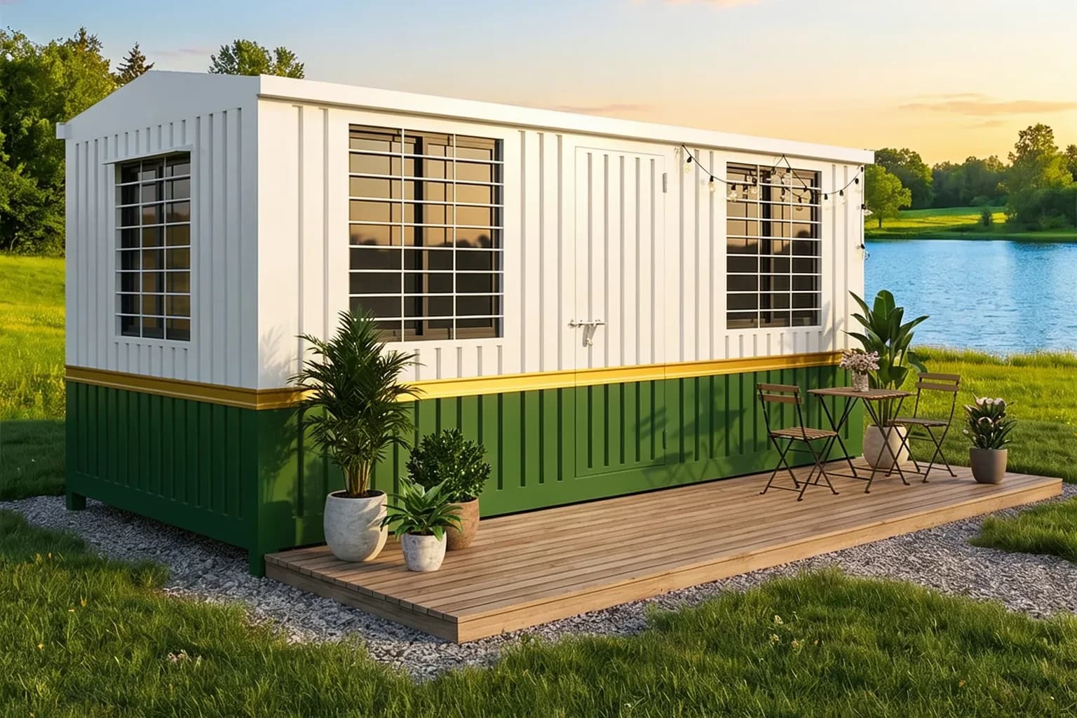 Container office for Devanahalli Airport sites — illustrative view along the long side of the white and green container office, showing three grilled windows and the steel door, with a timber deck, potted plants and a small table and chairs in front