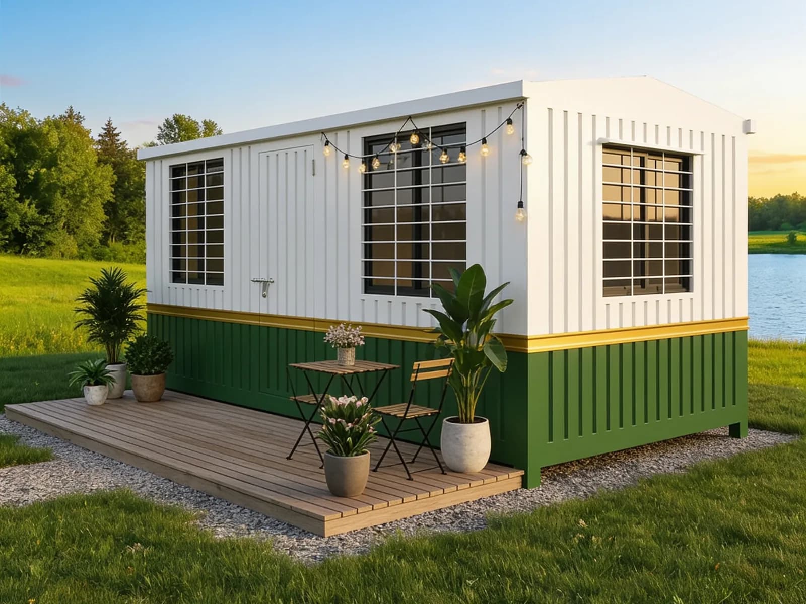 Container office for Devanahalli Airport sites — illustrative render of a container-style office with white ribbed walls, a green lower band under a yellow stripe, a gabled roof, grilled windows and a steel door, beside a timber deck with planters and a bistro set