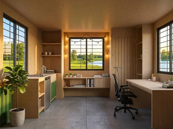 Container office for Devanahalli Airport sites — illustrative render of an optionally furnished interior with wood-finish walls and ceiling, a pantry counter with a sink, hob and under-counter fridge, open shelving, a desk with a black office chair, grilled windows and a grey floor
