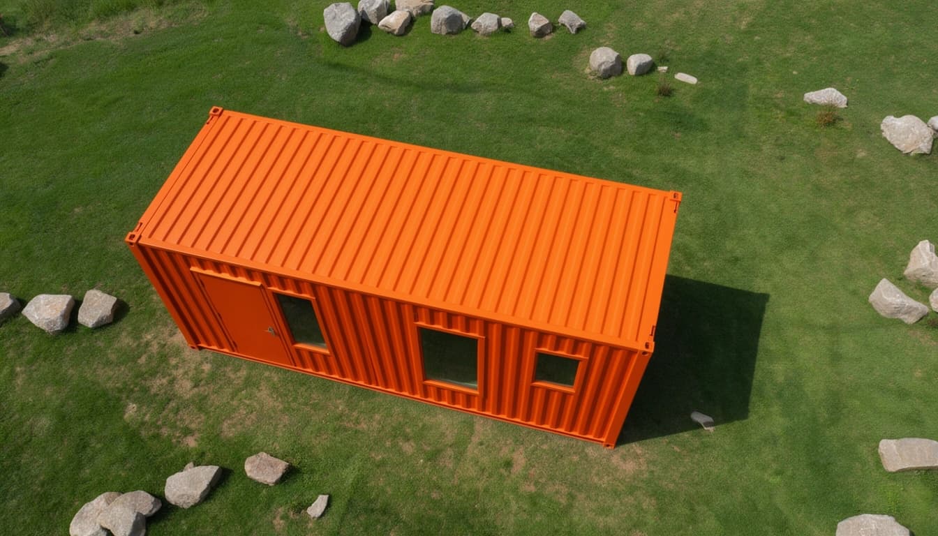 Container office in Belagavi — aerial view of the orange container office showing its corrugated steel roof, the entrance door and three windows along one side wall, on a grassy plot edged with boulders
