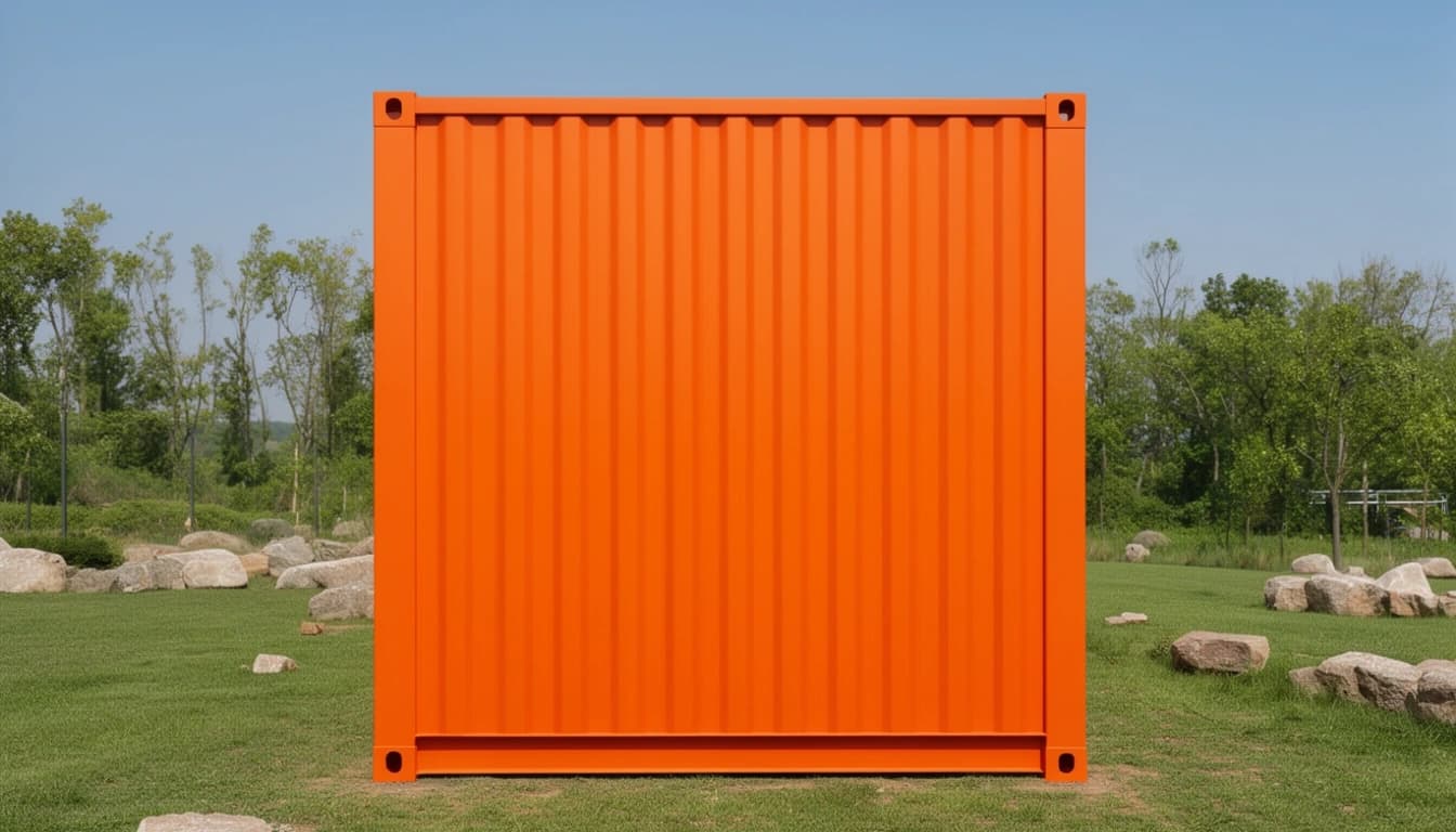 Container office in Belagavi — blank end wall of the orange container office, a corrugated steel panel between the corner posts and corner castings