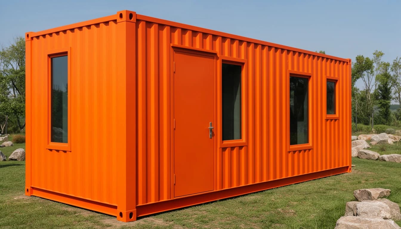 Container office in Belagavi — orange corrugated-steel container office with a lockable steel entrance door, four orange-framed glazed windows and corner castings, standing on grass at an open site