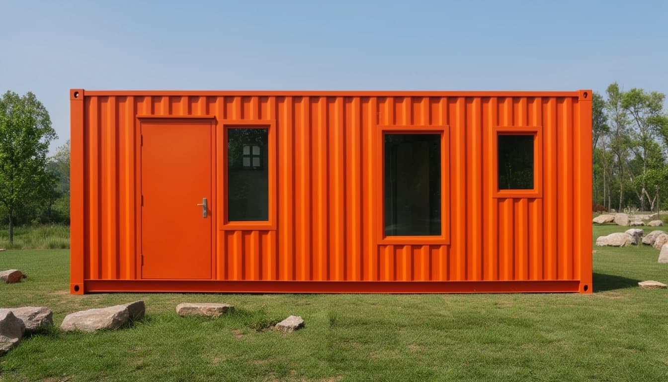 Container office in Belagavi — straight-on side elevation of the orange container office: a steel entrance door with a lever handle, three glazed windows of different sizes and a full-length base rail