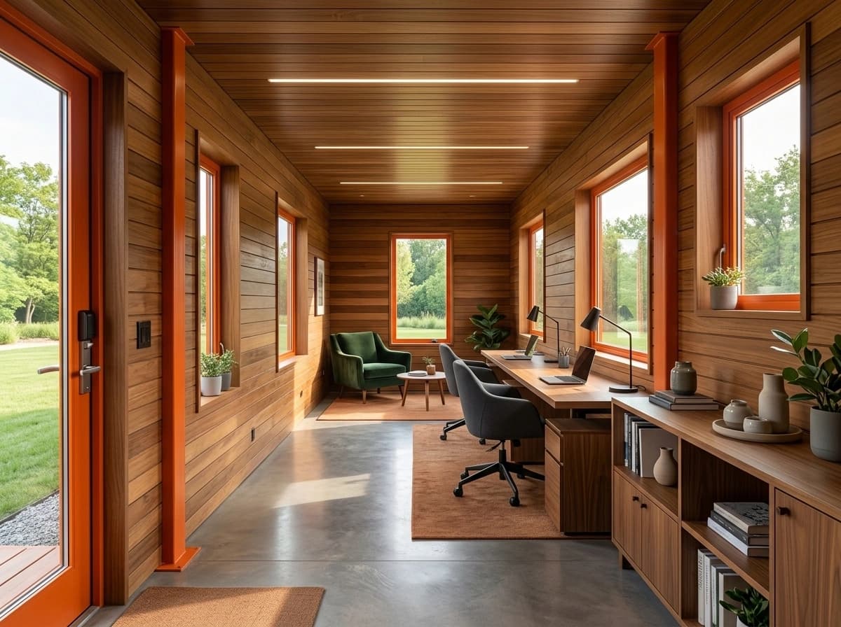 Container office in Belagavi — optionally furnished interior with timber-lined walls and ceiling, linear LED lights, orange-framed windows, a long desk with task lamps and office chairs, a lounge chair, a sideboard with books and a polished concrete floor
