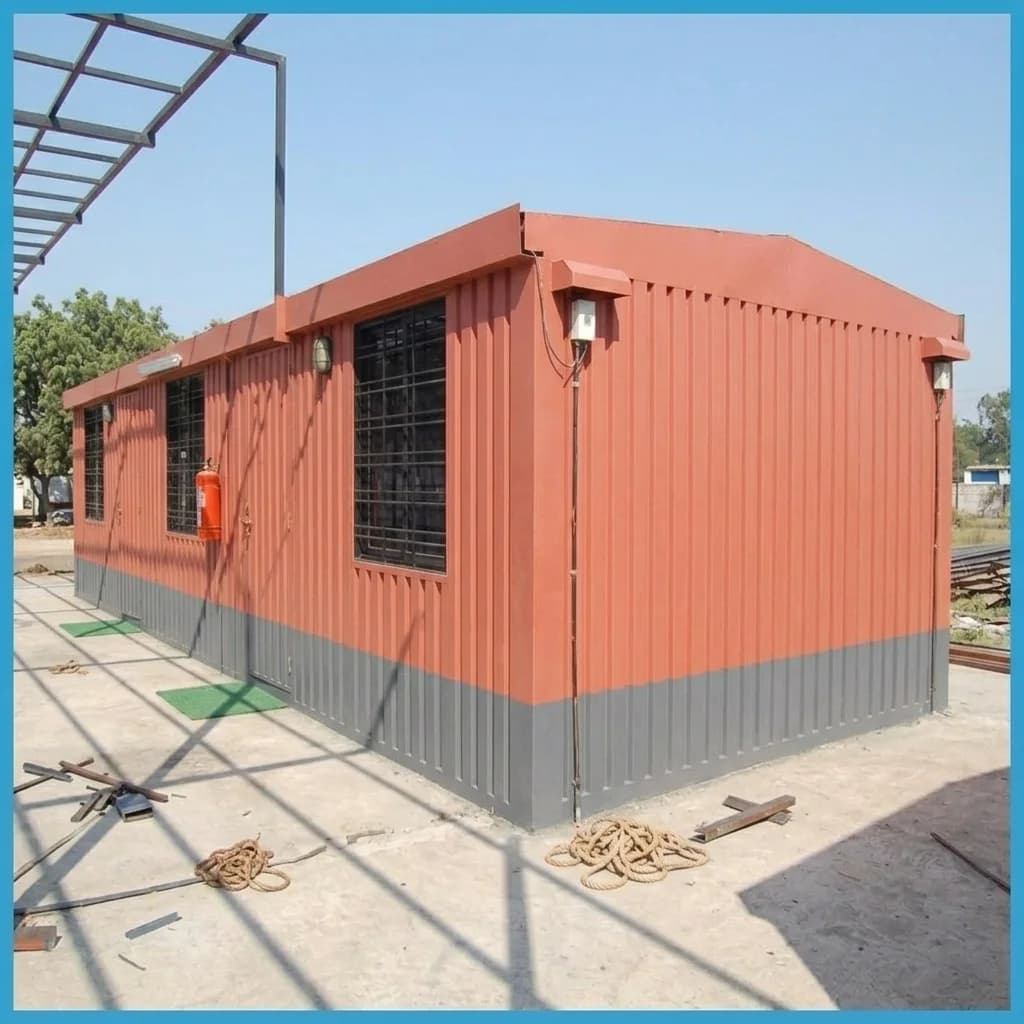 Corner view of a container office for Bommasandra industrial sites — grilled windows, external lights and weatherproof steel cladding
