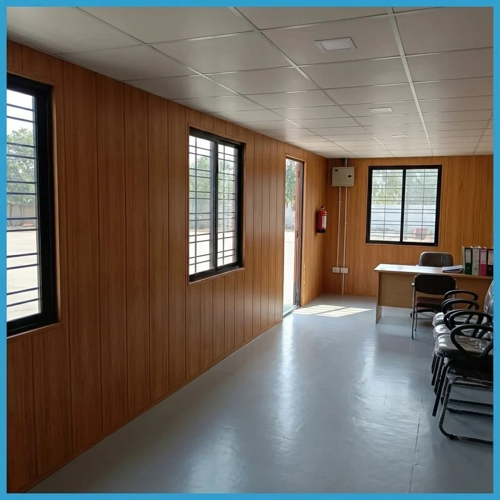 Inside a container office for Bommasandra — laminated wood-finish wall panels, false ceiling, vinyl flooring, grilled windows and office furniture