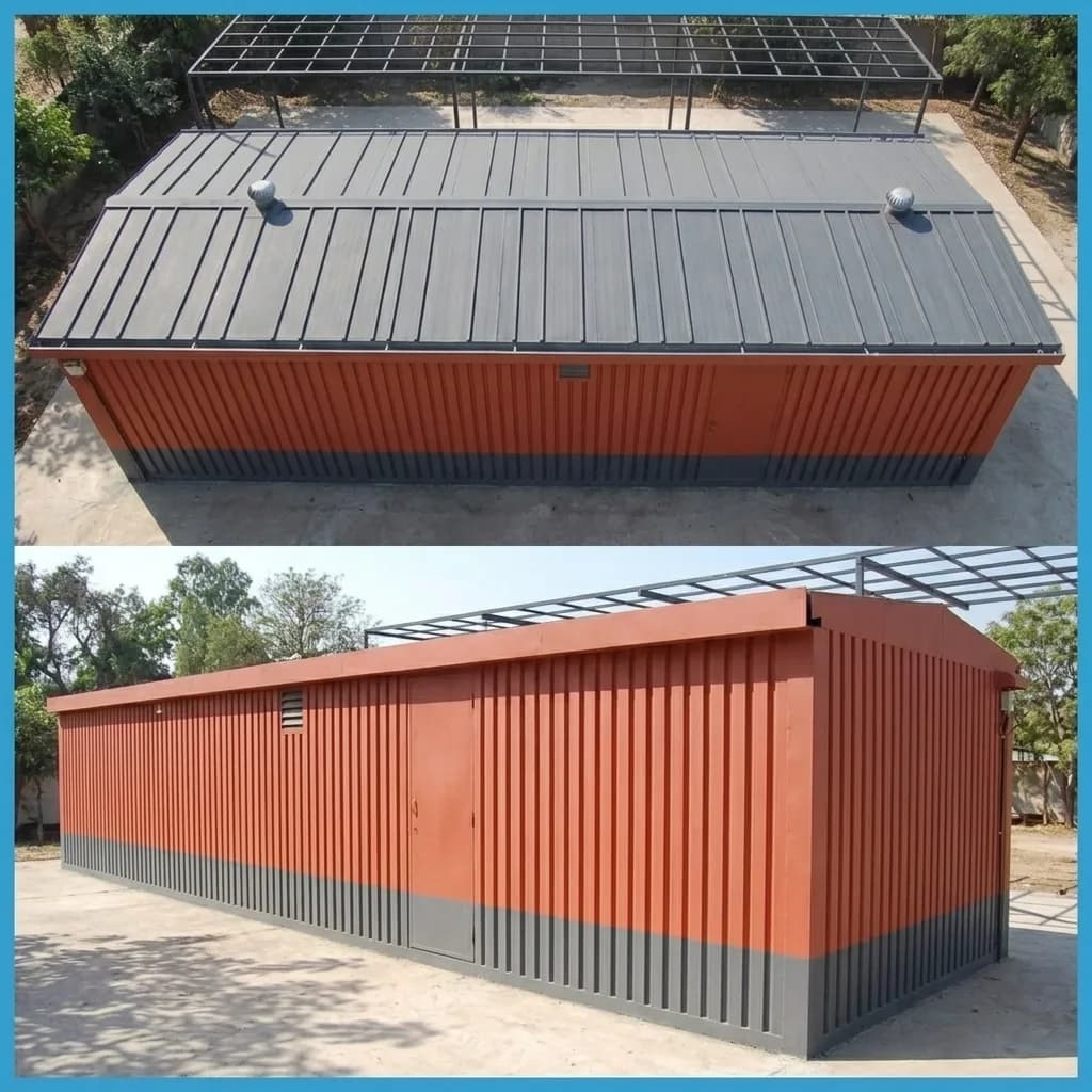 Leak-proof sheet roof with turbo ventilators and long side elevation of a container office for Bommasandra
