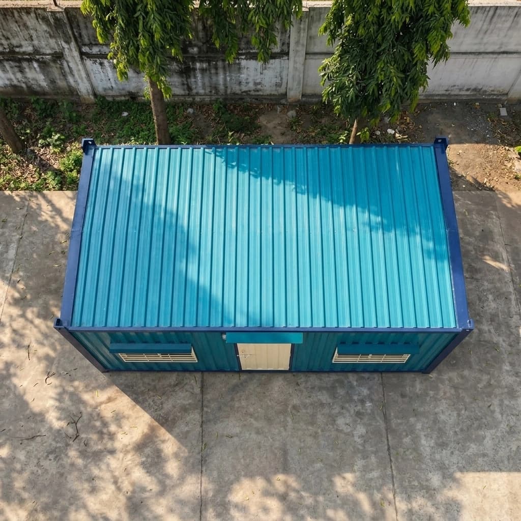 Container office in Chennai — top-down view of the teal portable cabin: corrugated steel roof sheet inside the navy-blue perimeter frame, a corner fitting at each corner, and the door canopy and window hoods along the front
