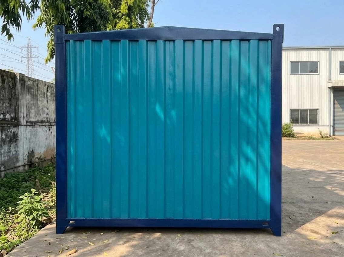 Container office in Chennai — blank end wall of the teal cabin: vertical corrugated cladding inside the navy-blue steel frame, with corner fittings at the top and bottom corners