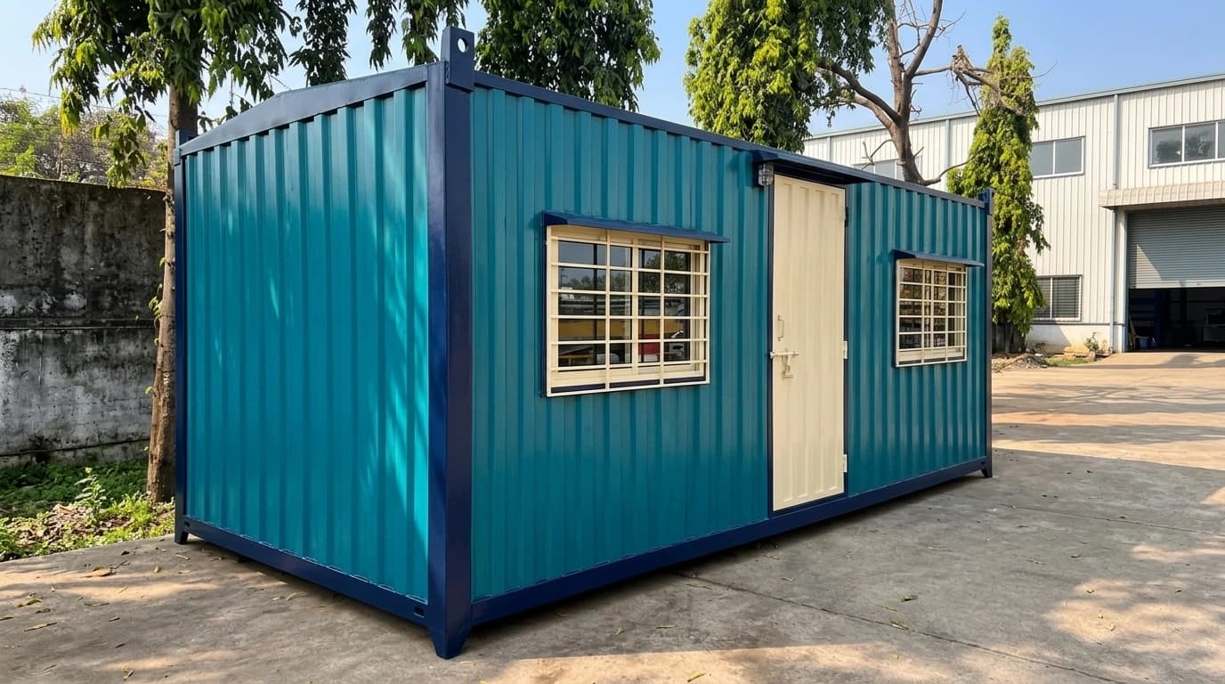 Container office in Chennai — teal corrugated-steel portable office cabin with a navy-blue steel frame and corner fittings, a cream steel door under a wall lamp and two grilled windows with drip hoods, standing in a concrete factory yard
