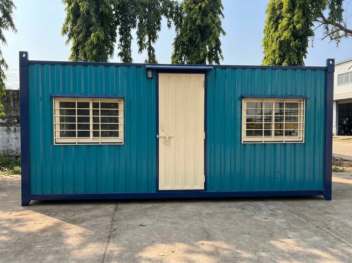 Container office in Chennai — front elevation of the teal portable office cabin: a central cream steel door with a latch and wall lamp between two grilled windows under steel drip hoods, on a navy-blue base frame