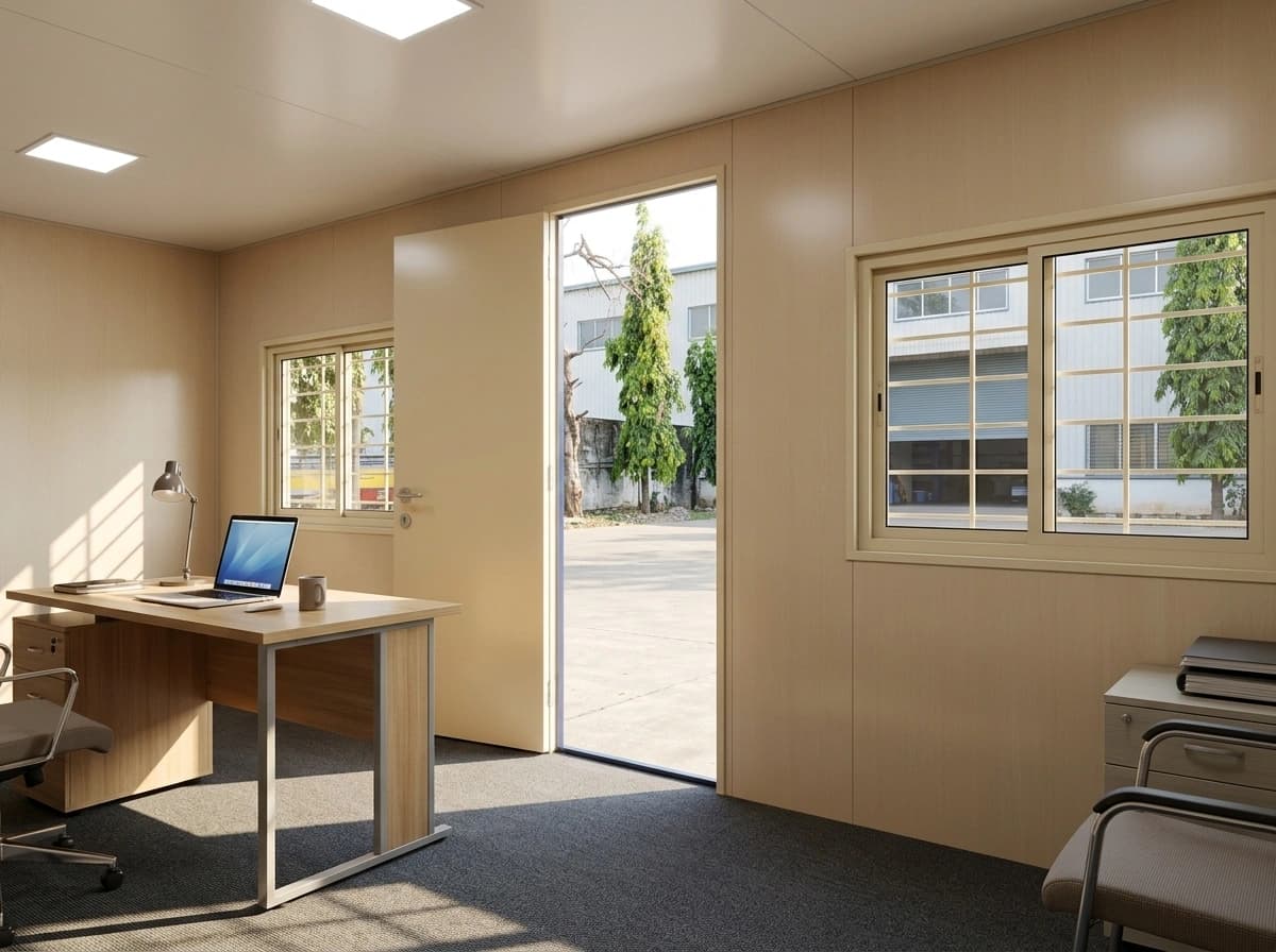 Container office in Chennai — optionally furnished interior: wood-finish wall panels, LED ceiling panels, a desk with a laptop and desk lamp, office chairs, a drawer unit, sliding windows and an open door to the yard