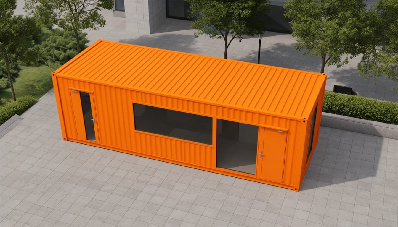 Design render from above: the orange container office's ribbed steel roof and optional glazed front on a paved forecourt