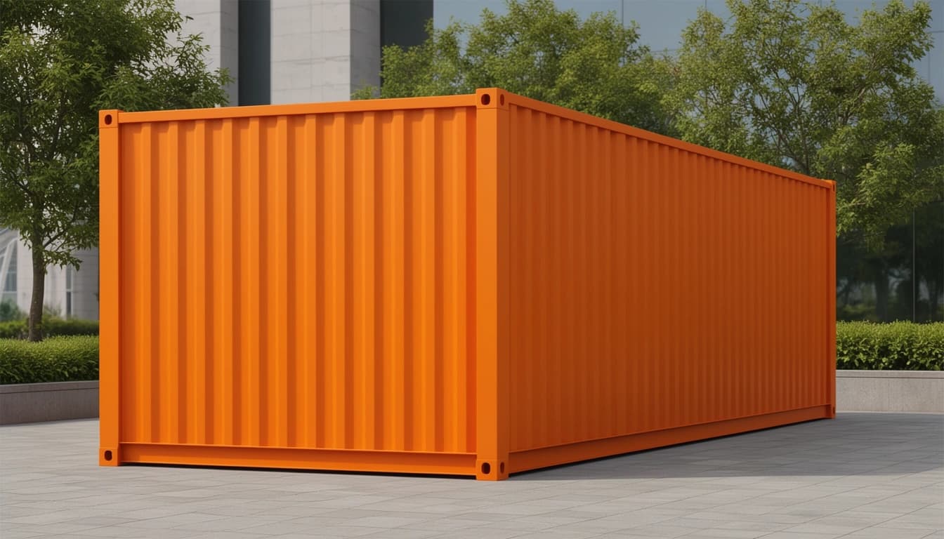 Design render of the blank end wall and corrugated rear side, with corner castings and the base rail