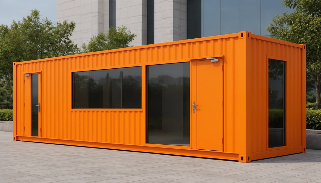 Container office in Davanagere: design render of an orange corrugated-steel unit with an optional glazed front and a steel entrance door