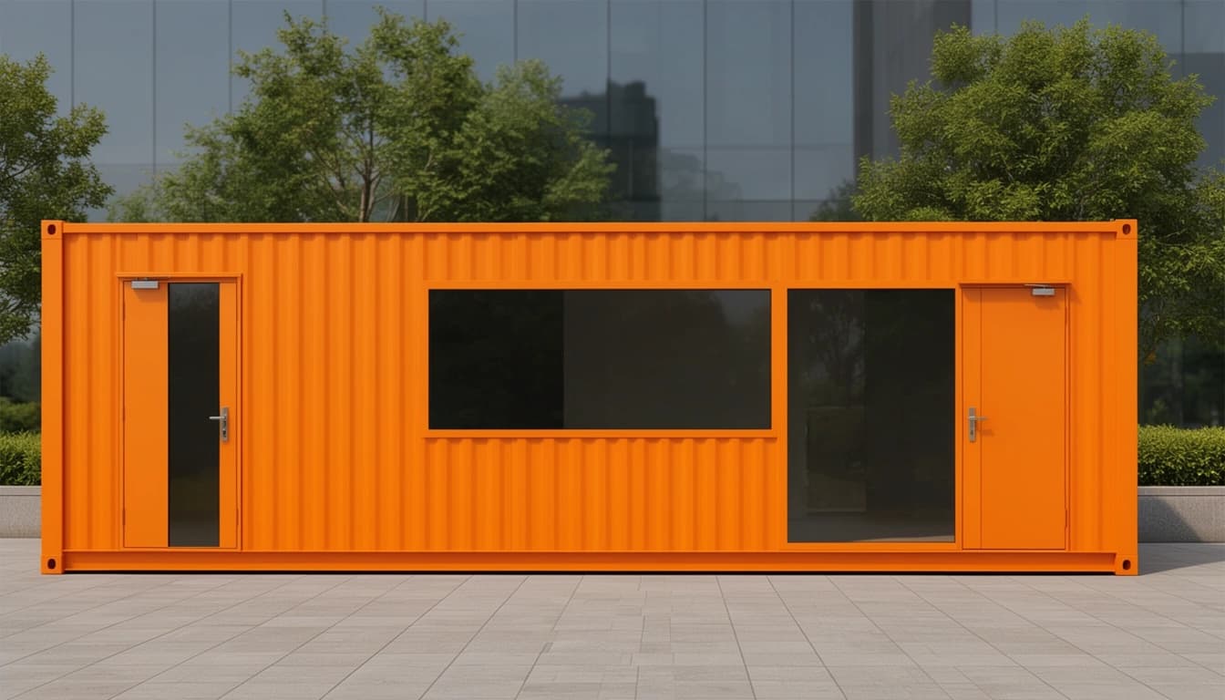 Design render, front elevation: optional full-height glazing and a glazed side door beside the steel entrance door