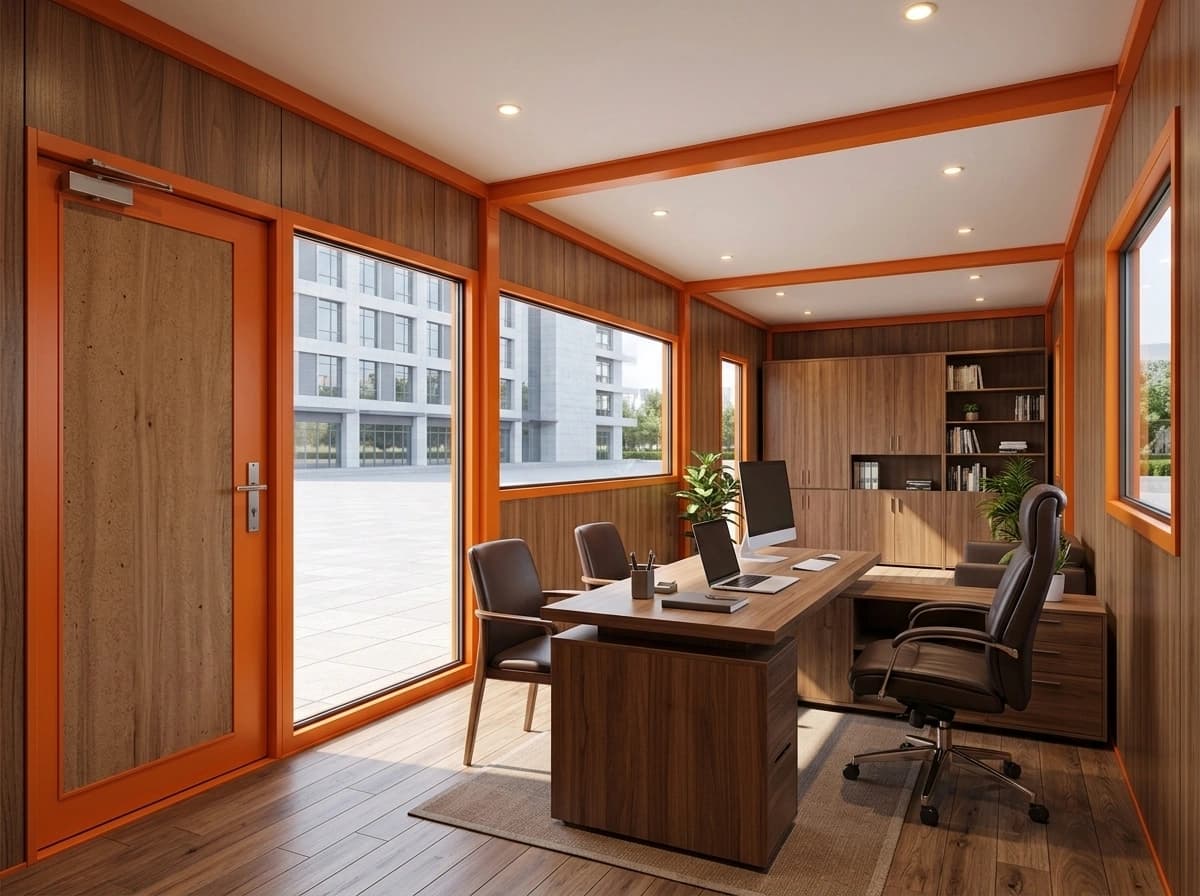 Design render of an optionally furnished interior: wood-panelled walls, an executive desk, a storage wall and wood-finish flooring