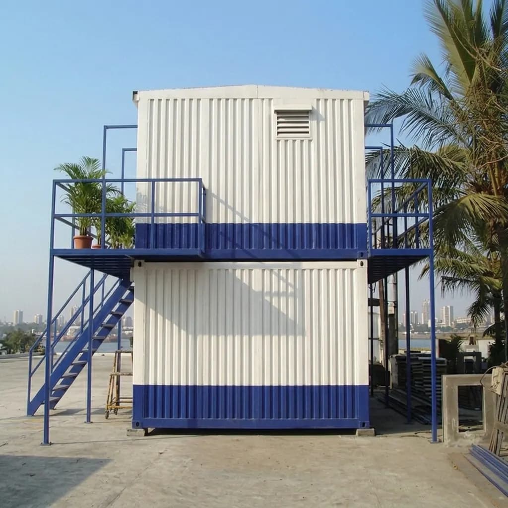 End elevation of a stacked two-floor container office for Doddaballapura with ventilation louvre and blue steel walkway framing
