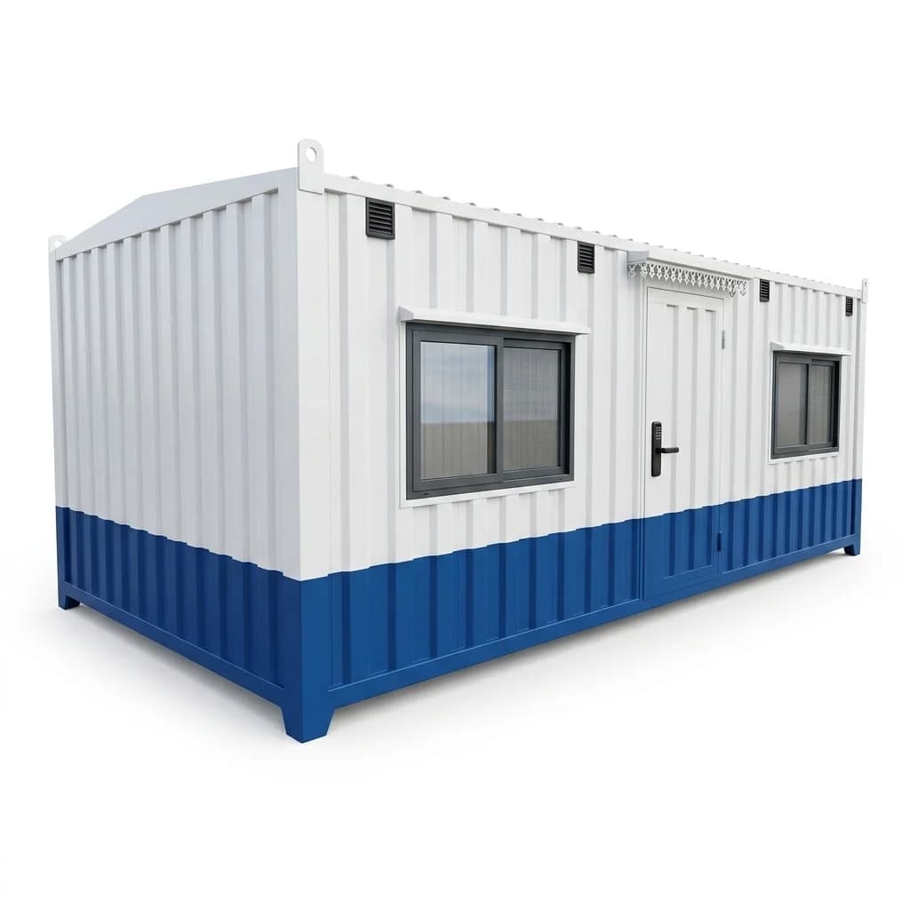 Container office for Jigani with lockable entrance door, digital lock and sliding windows — corner view