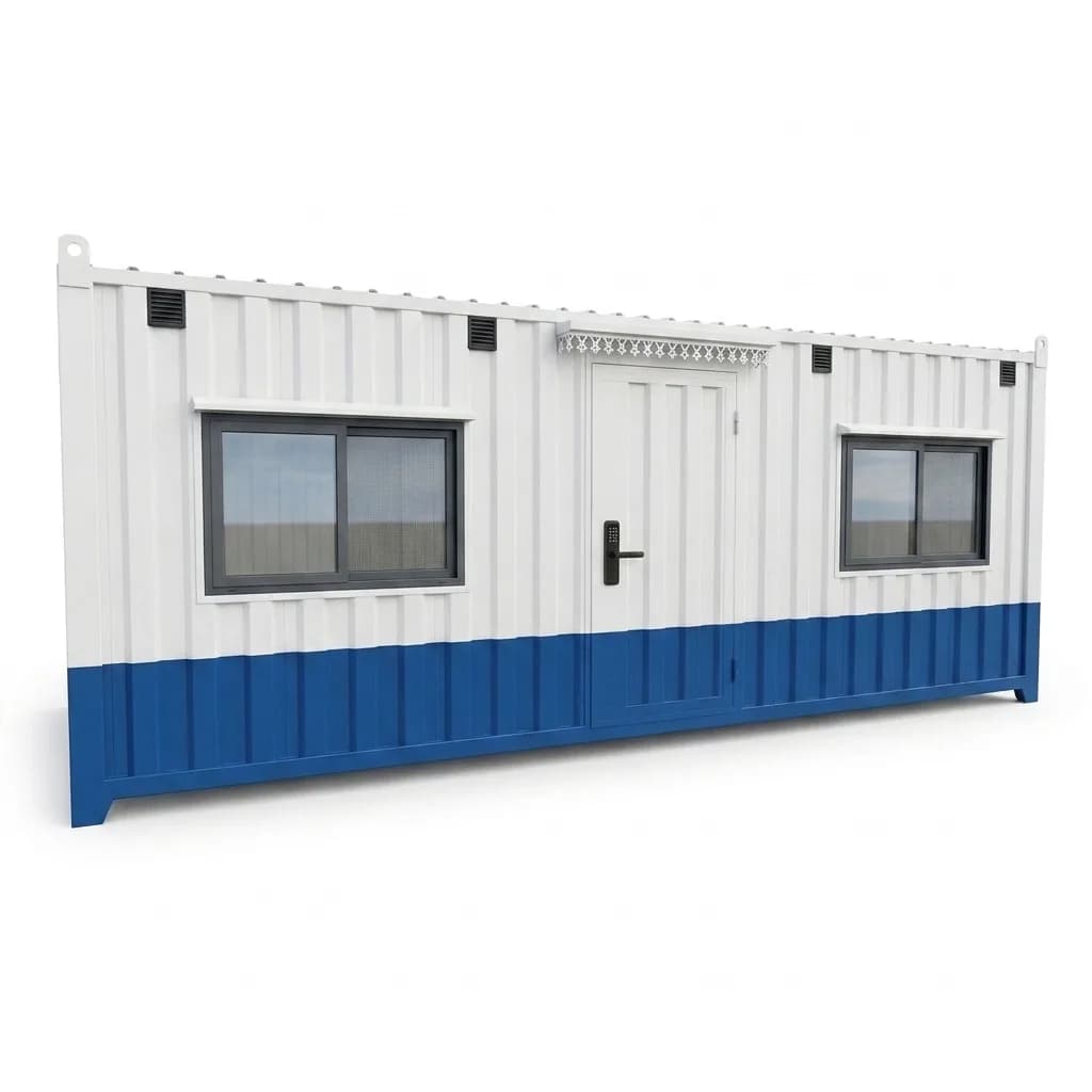 Side elevation of a portable container office for Jigani — door and two sliding windows with safety mesh