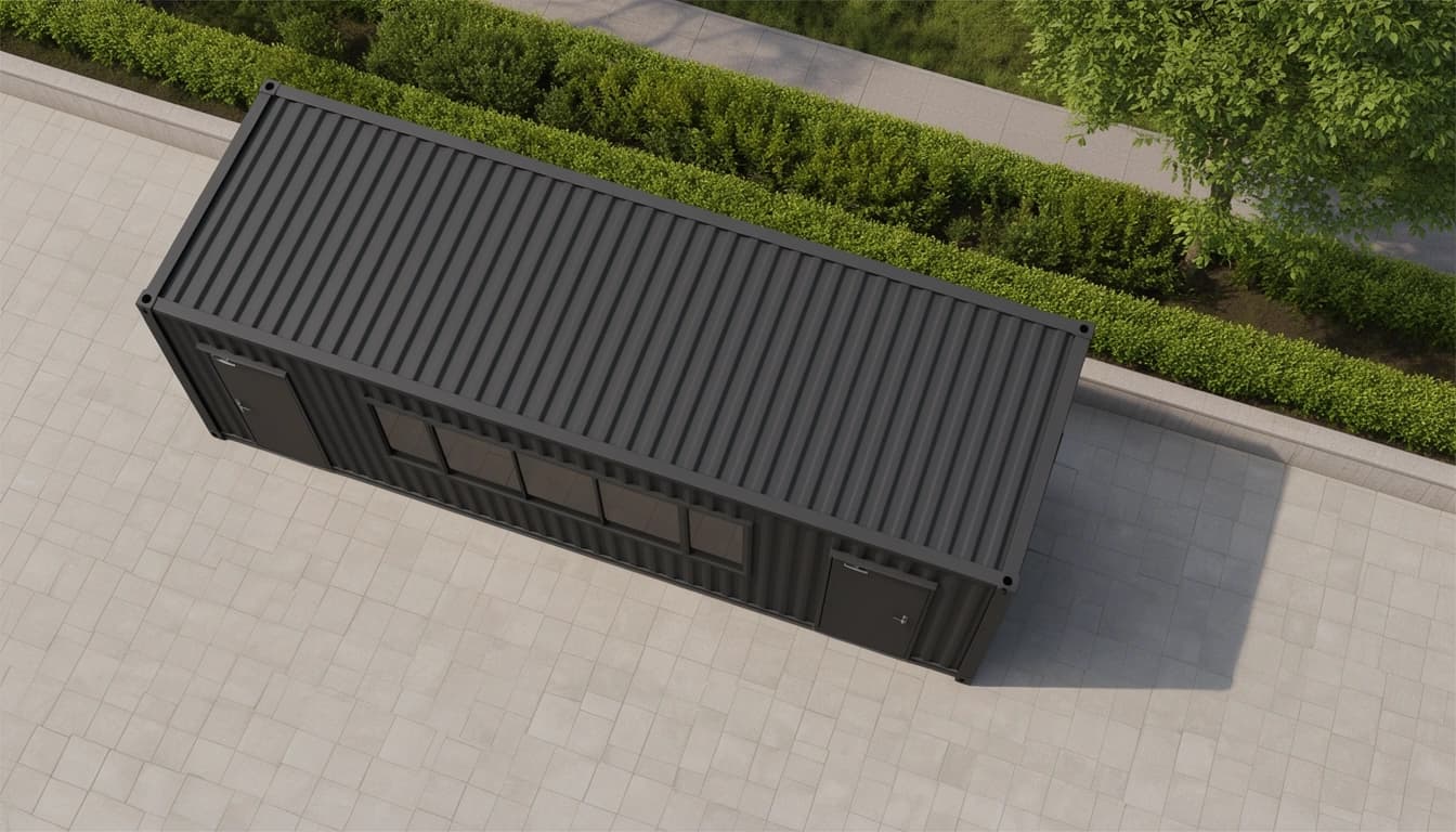 Container office in Kalaburagi — aerial view of the charcoal-black container office showing its corrugated steel roof, the two doors and the ribbon window along one side, on a paved forecourt beside a hedge