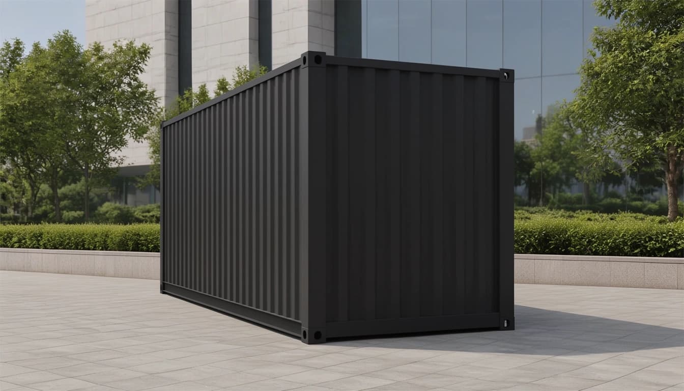 Container office in Kalaburagi — blank end wall of the charcoal-black container office, a corrugated steel panel between the corner posts and corner castings