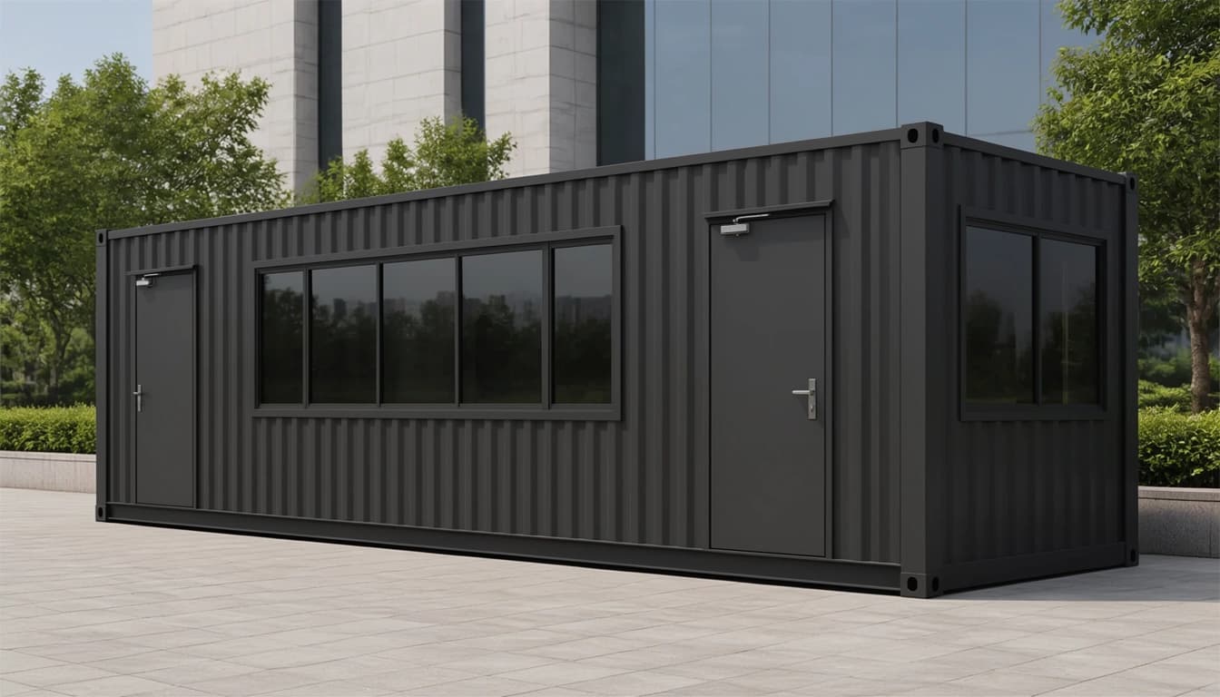 Container office in Kalaburagi — charcoal-black corrugated-steel container office with two lockable steel doors, a five-pane ribbon window and an end-wall window, standing on a paved forecourt