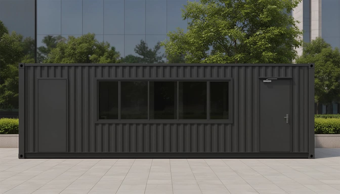 Container office in Kalaburagi — straight-on side elevation of the charcoal-black container office: a flush side panel, a five-pane ribbon window and a steel entrance door with a door closer