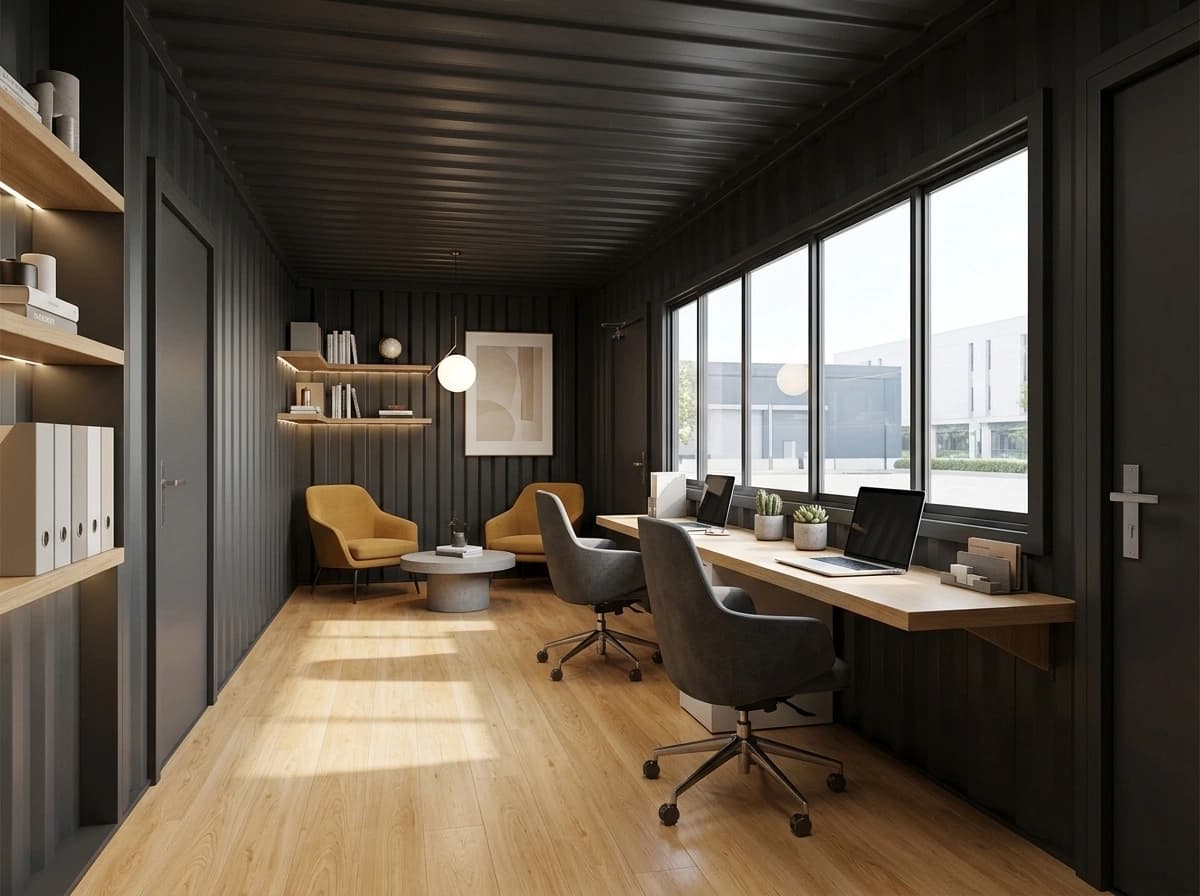 Container office in Kalaburagi — illustrative render of an optionally furnished interior with dark exposed corrugated walls and ceiling, a wall-mounted desk with laptops and office chairs along a large window, two lounge chairs, shelving, a pendant light and wood-look flooring