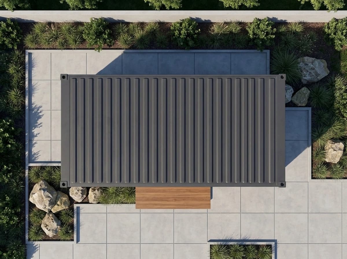Container office in Kudankulam — top-down view of the charcoal-grey container office showing its corrugated roof, corner castings and timber-look entrance canopy, on a paved pad with planted beds and boulders