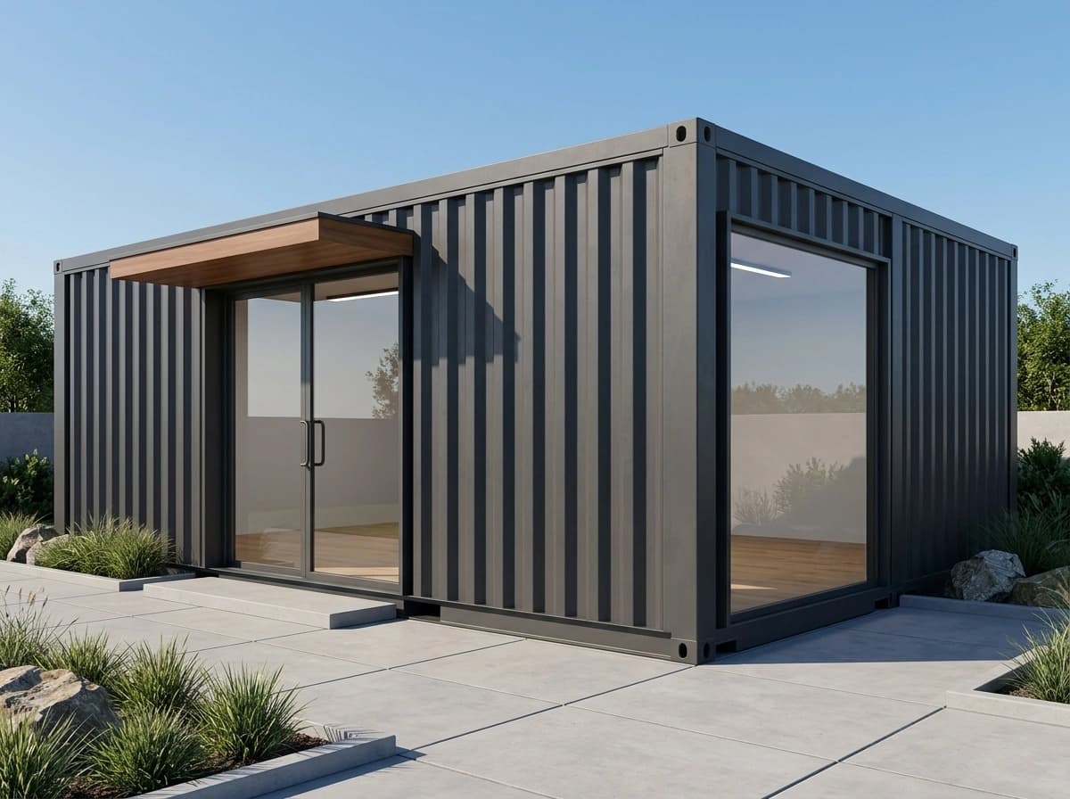 Container office in Kudankulam — illustrative render of a charcoal-grey corrugated-steel container office with glazed double doors under a timber-look canopy on the long side, a large picture window in the end wall and planted beds along a paved forecourt