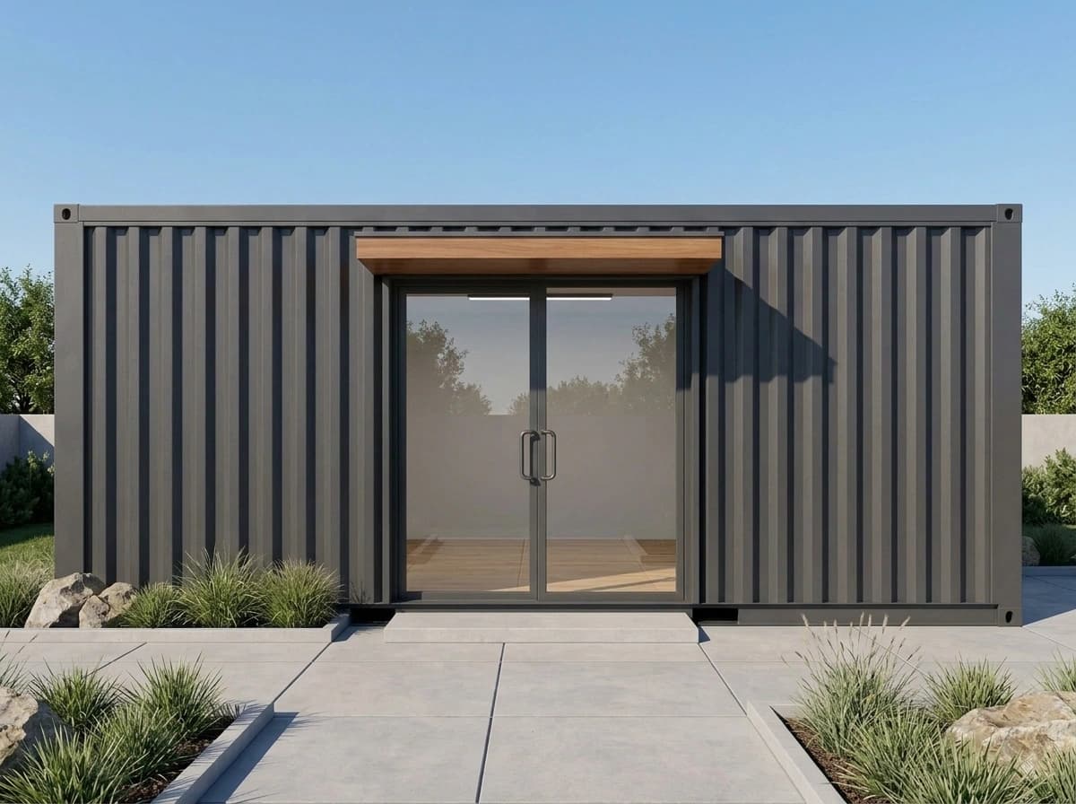 Container office in Kudankulam — illustrative front elevation of the charcoal-grey container office: glazed double doors under a timber-look canopy in the middle of the long side, a concrete entry step and planted beds on either side
