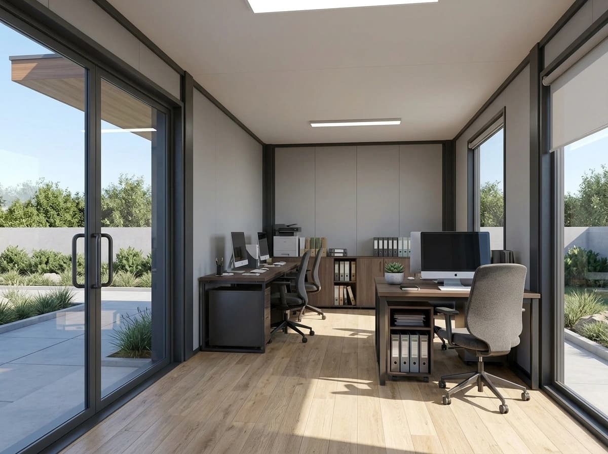 Container office in Kudankulam — illustrative render of an optionally furnished office interior with two desks and monitors, office chairs, storage cabinets with files and a printer, light panelled walls, an LED ceiling light, wood-look flooring, a full-height glazed double door and windows with roller blinds