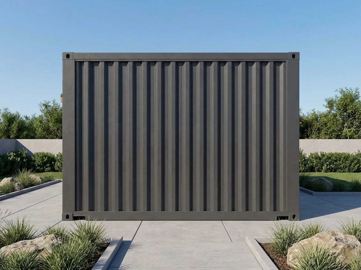 Container office in Kudankulam — illustrative side elevation of the container office: a plain corrugated-steel wall with corner castings and no openings, on a paved pad between planted beds