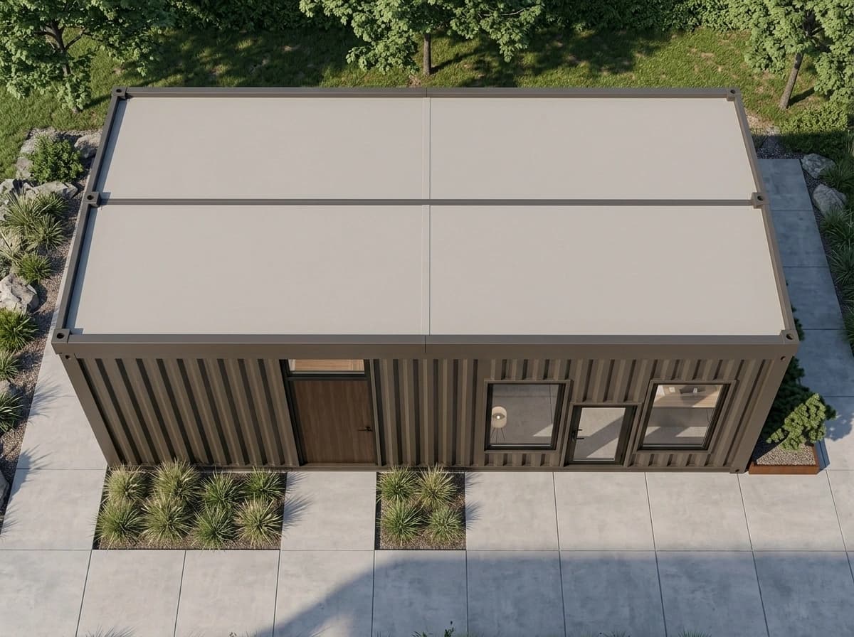 Container office in Kudligi — aerial view of the container office showing its light-coloured flat roof panels, the wood-finish door, the glazed entrance door and two windows along one side, on a paved forecourt beside trees