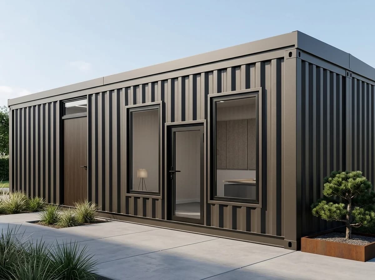 Container office in Kudligi — illustrative render of a dark bronze corrugated-steel container office with a wood-finish door under a transom window, a glazed entrance door between two tall windows and a flat roof edge, on a paved forecourt with planting