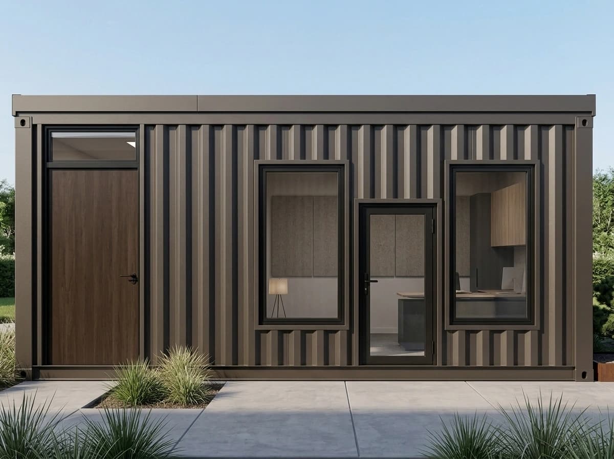 Container office in Kudligi — straight-on elevation of the dark bronze container office: a wood-finish door with a transom window, a glazed entrance door and two tall framed windows