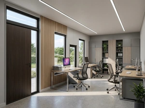 Container office in Kudligi — illustrative render of an optionally furnished office interior with light finished wall panels, a wood-slat feature wall, linear ceiling lights, desks with computers, mesh office chairs, shelving, and a glazed door beside tall windows