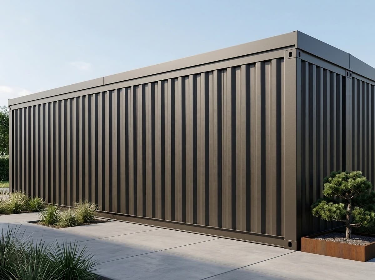 Container office in Kudligi — a plain corrugated-steel wall of the dark bronze container office without openings, with corner castings and a flat roof edge, beside a planter